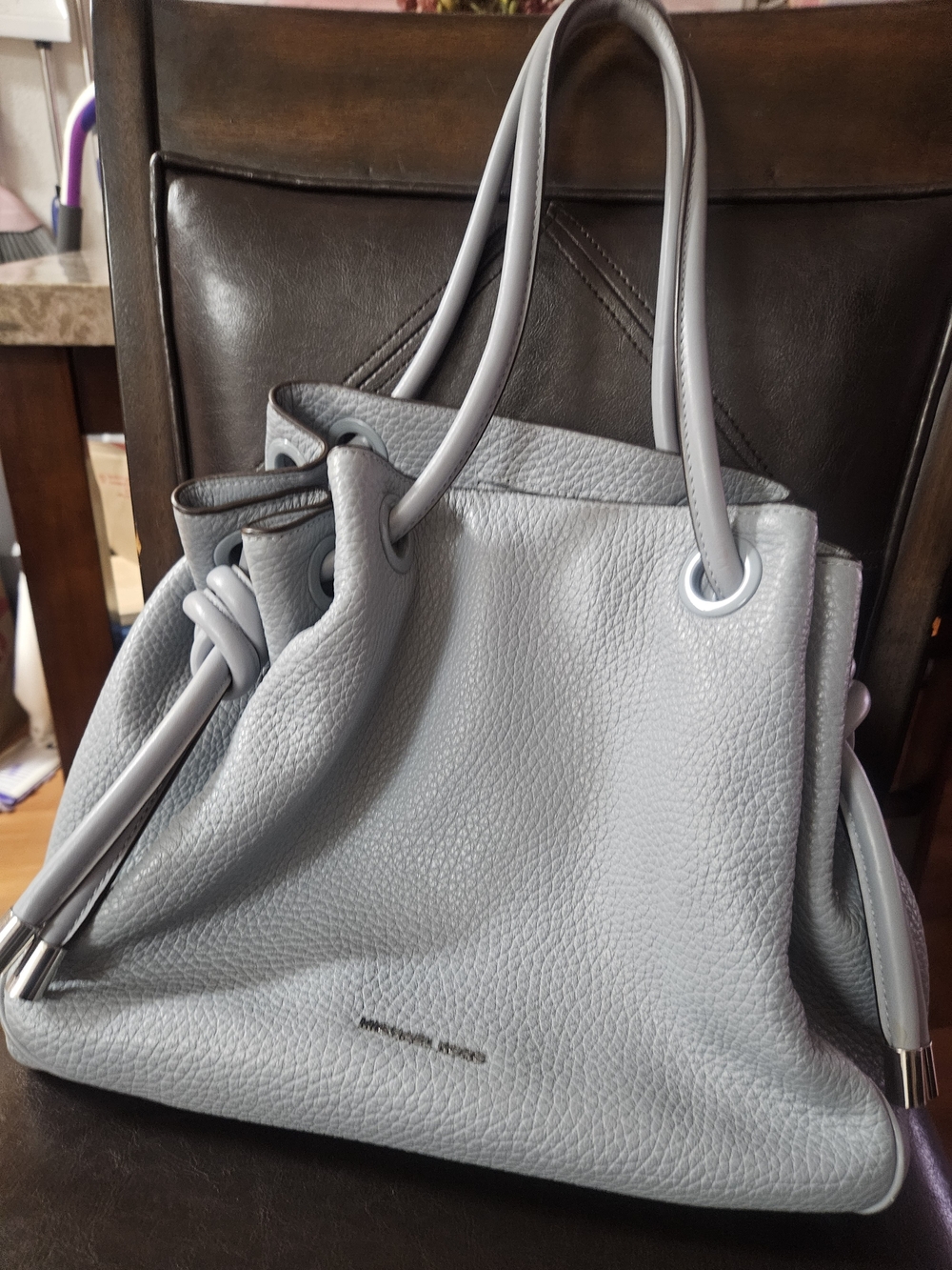 Michael Kors Light Grey Leather Drawstring Shoulder Bag